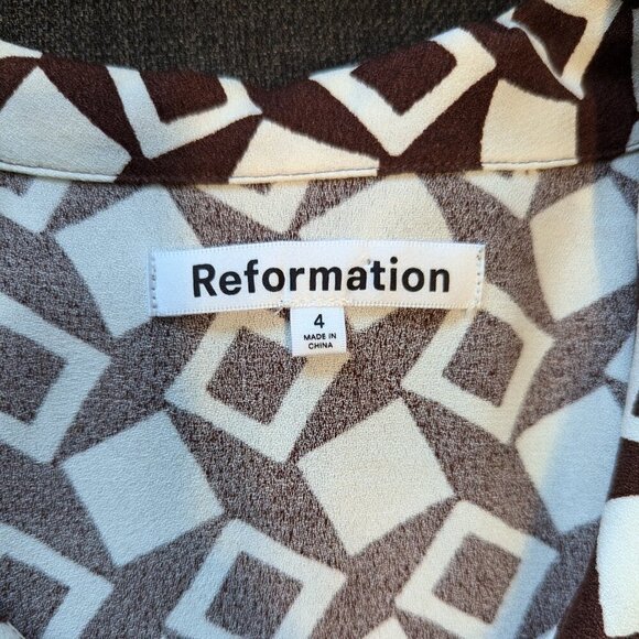 Reformation Will Mini Dress | Brown & Cream Geometric | 60s Style - Picture 4 of 11